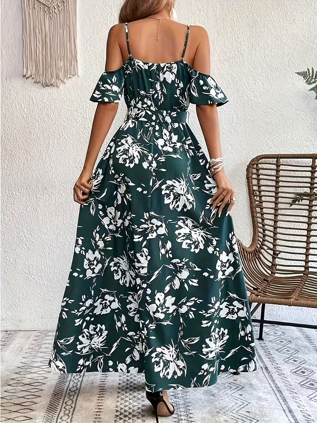 Women's Belt Waist High Slit Floral Print Dress