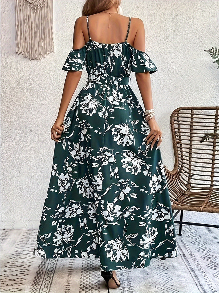 Women's Belt Waist High Slit Floral Print Dress