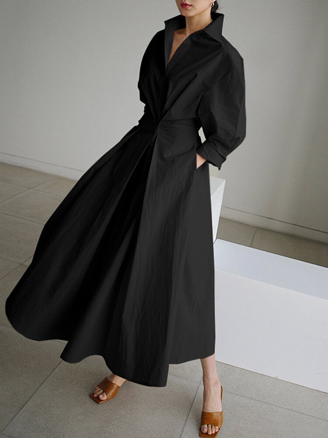Women's Long Sleeve Formal Dress with Collar | Midi