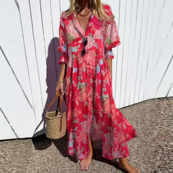 Women's Button Down Leafy Print Dress | Maxi