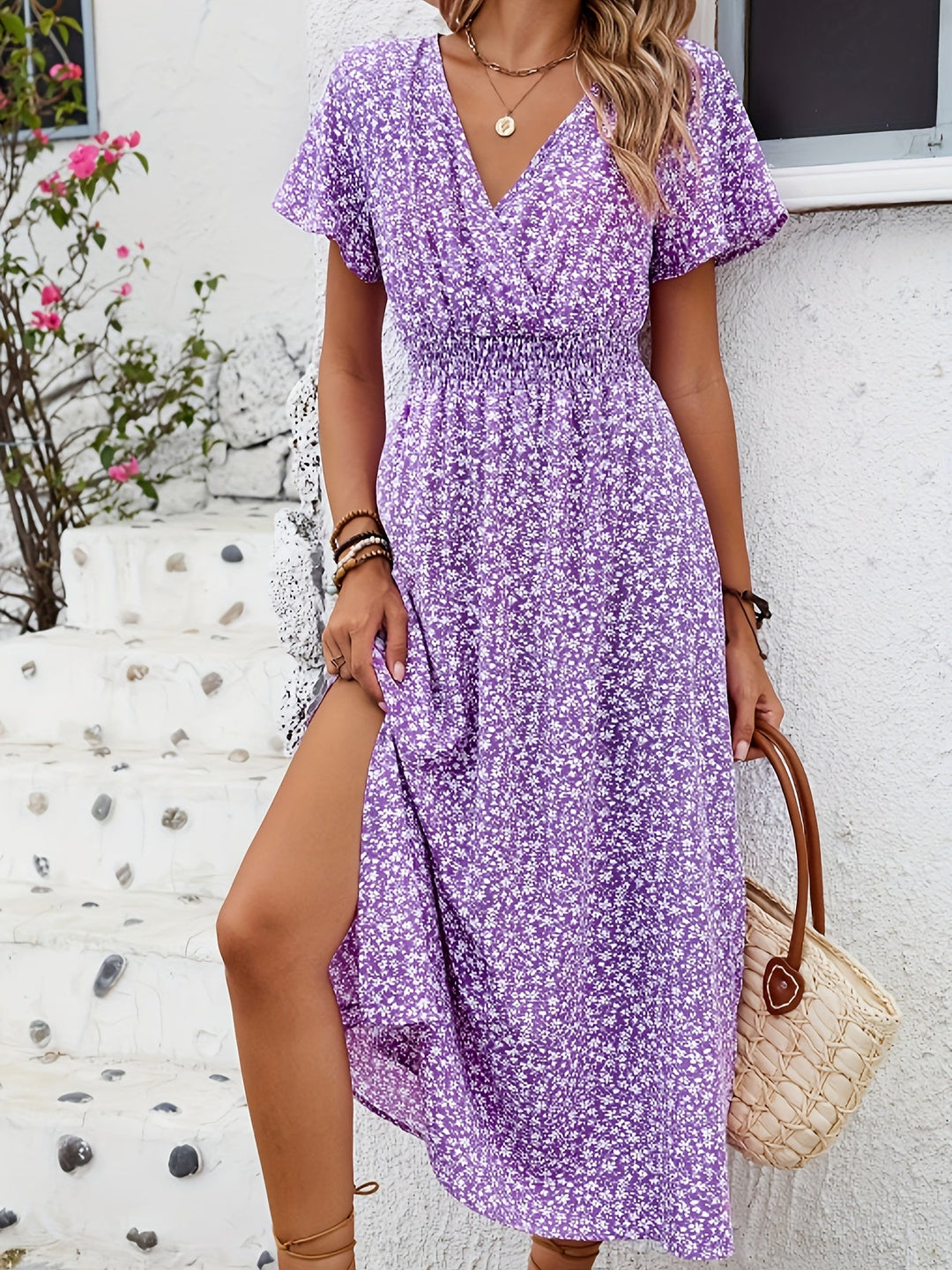 Women's Wrap V-Neck Butterfly Sleeve Thigh-High Slit Dress