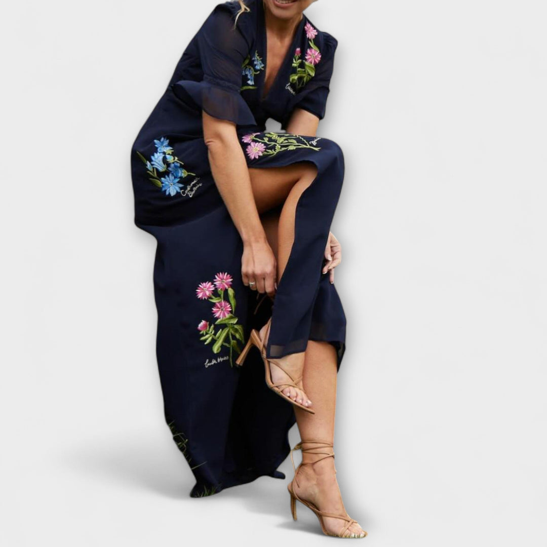 Elegant Navy Blue Dress with Floral Embroidery