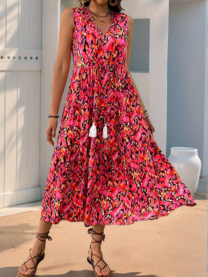 Women's Flared Tie Neck Bohemian Printed Dress