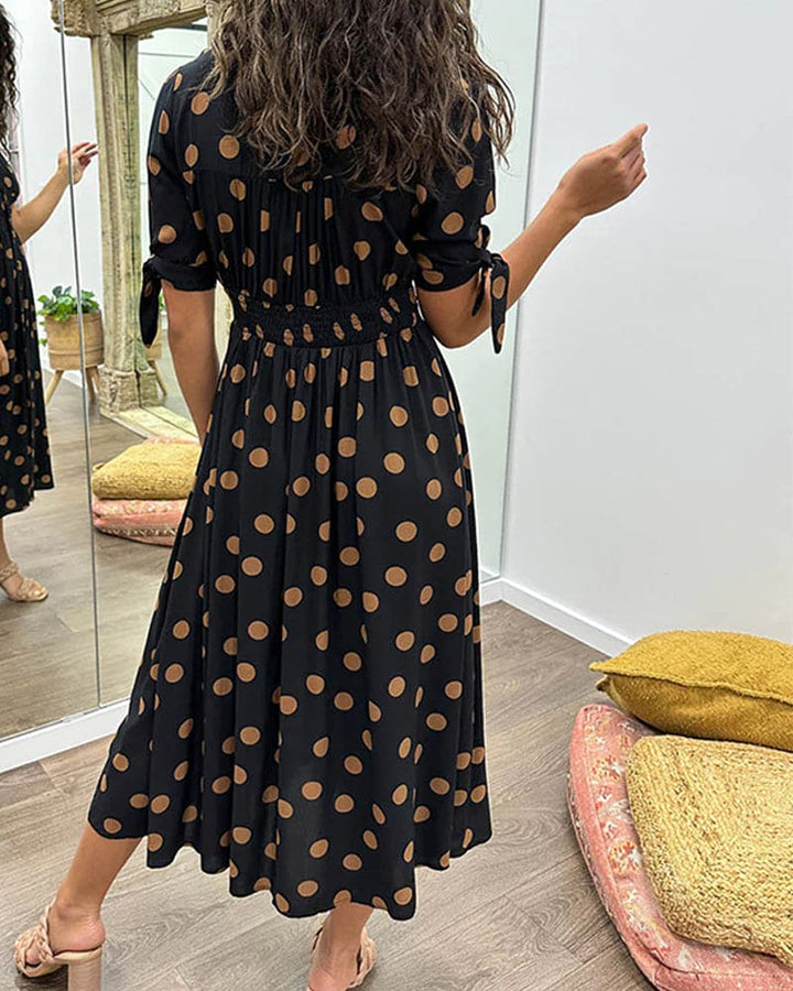 Women's 3/4 Sleeves V-Neck Polka Dot Flared Dress | Midi