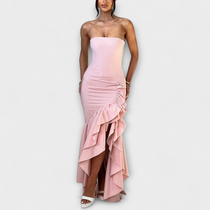 Off-Shoulder Slim Fit Maxi Dress with Asymmetrical Hem