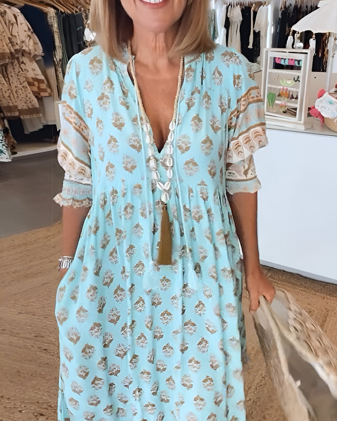 Women's V Neck 3/4 Sleeves Boho Style Dress | Maxi
