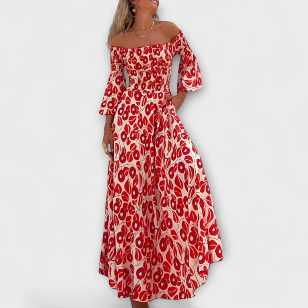 Off-Shoulder Dress with Ocean Flowers