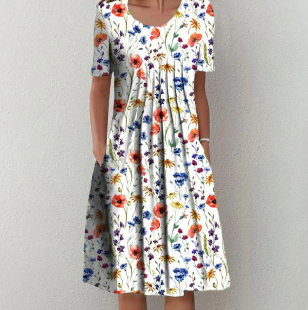 Women's Round Neck Printed Short Sleeves A Line Dress | Midi
