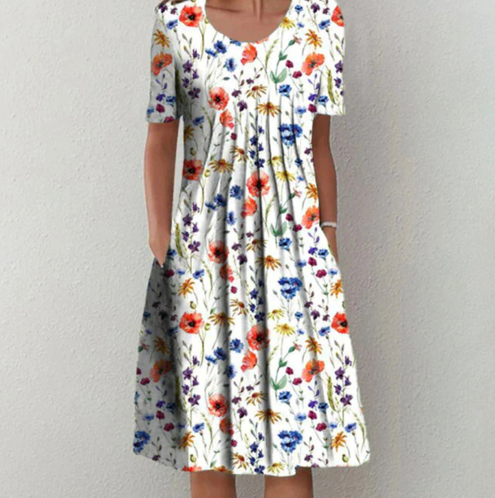 Women's Round Neck Printed Short Sleeves A Line Dress | Midi