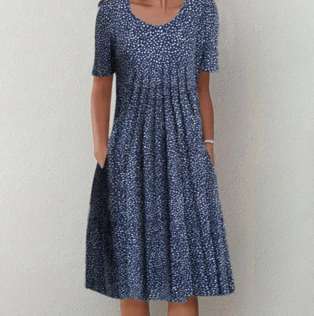 Women's Round Neck Printed Short Sleeves A Line Dress | Midi