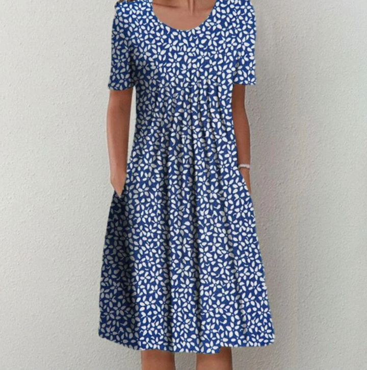 Women's Round Neck Printed Short Sleeves A Line Dress | Midi