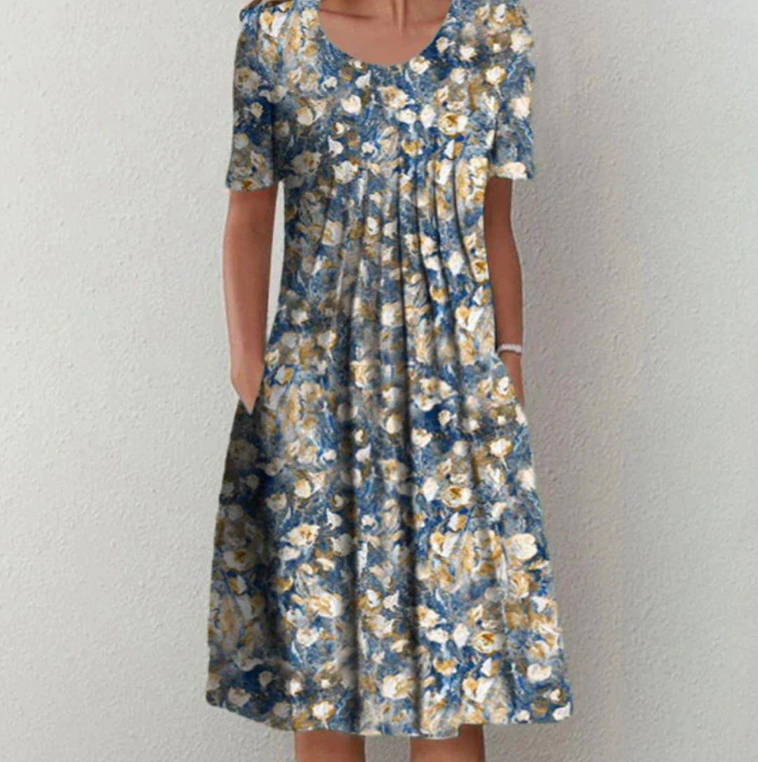 Women's Round Neck Printed Short Sleeves A Line Dress | Midi