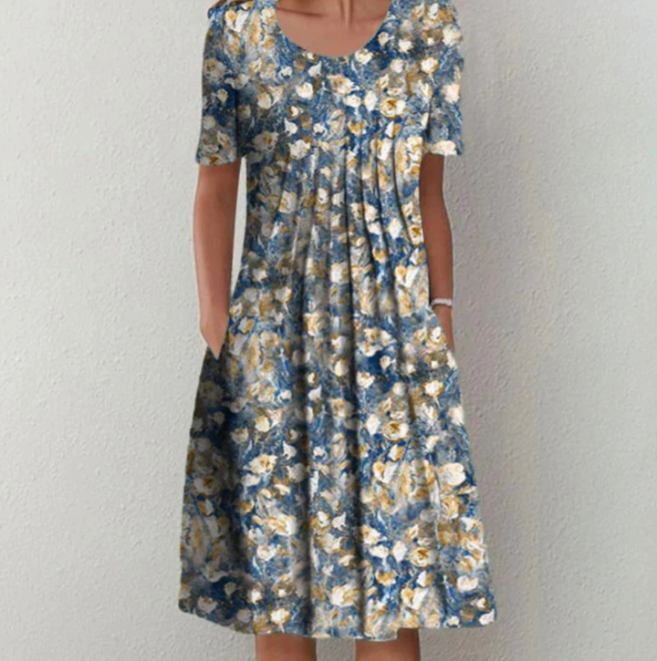 Women's Round Neck Printed Short Sleeves A Line Dress | Midi