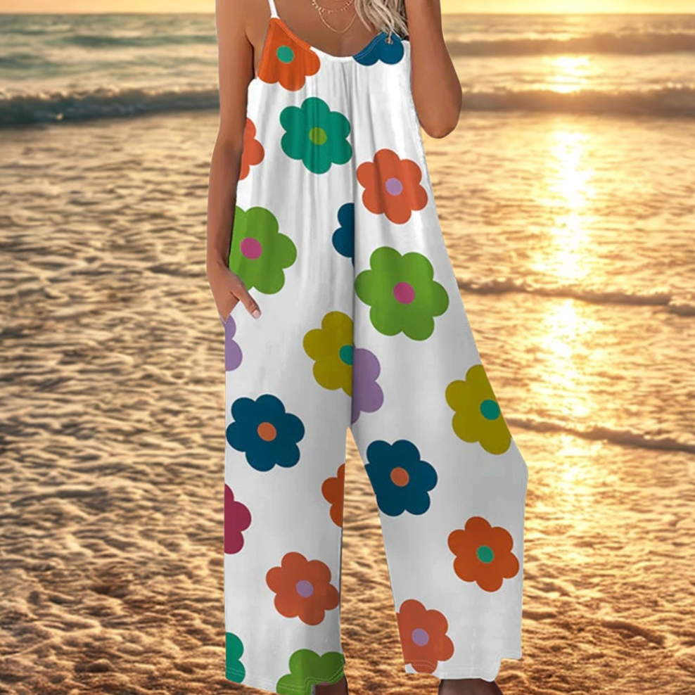 Women's Jumpsuit with Thin Straps, Floral Print, Wide Legs, Summer