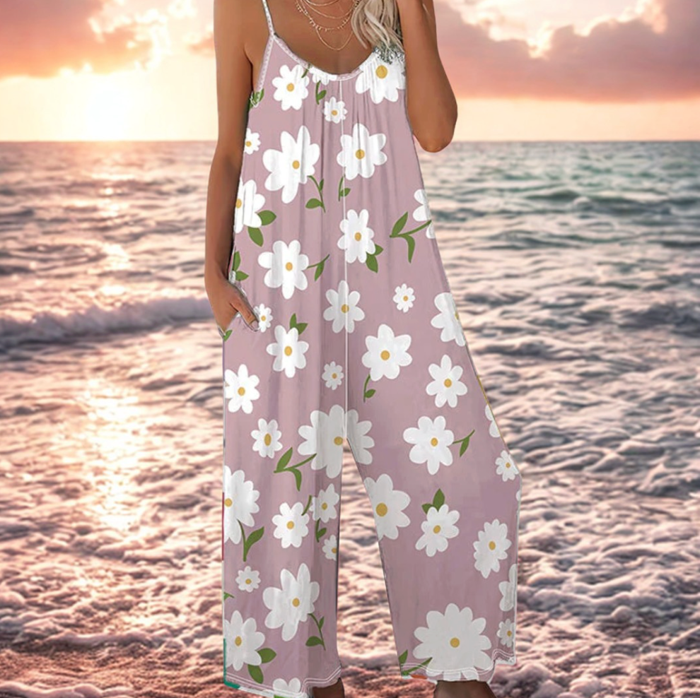 Women's Jumpsuit with Thin Straps, Floral Print, Wide Legs, Summer