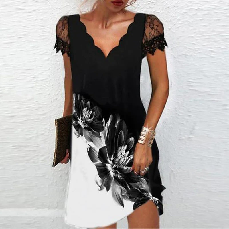 Women's V Neck Floral Summer Dress with Short Sleeves | Mini
