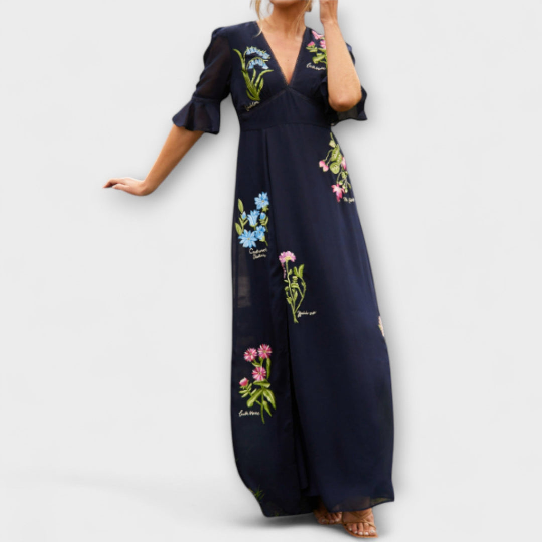 Elegant Navy Blue Dress with Floral Embroidery