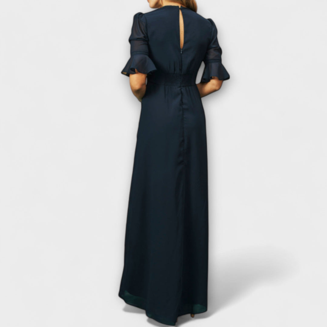 Elegant Navy Blue Dress with Floral Embroidery