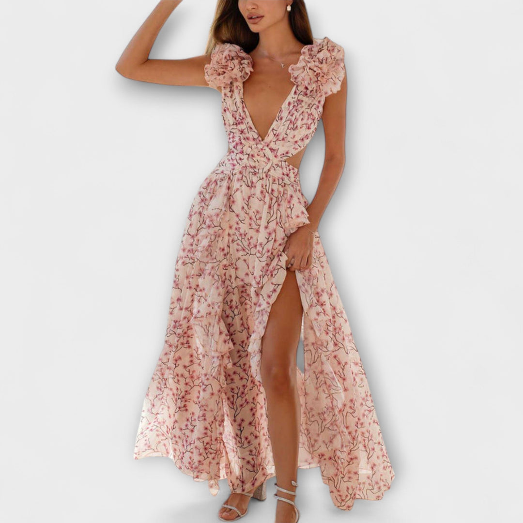 Maxi Dress with Ruffled Hem and Cut-Out Details