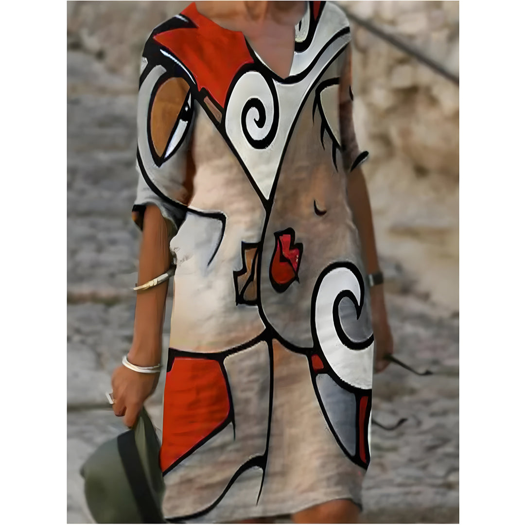 Women's Printed 3/4 Sleeve V-Neck Summer Dress | Mini