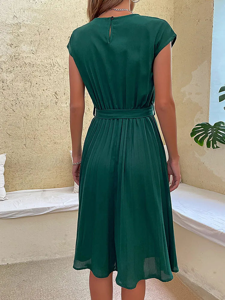 Women's Stylish Pleated Midi Dress | Short-Sleeve