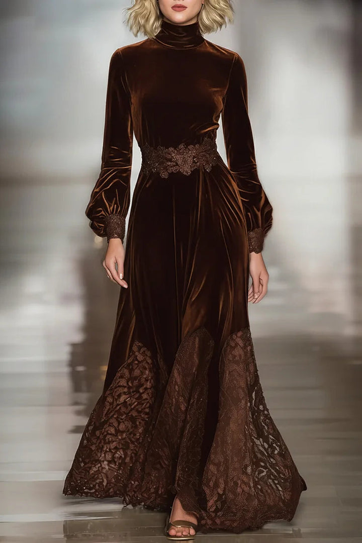 Lesie | Elegant Maxi Velvet Dress with Turtleneck and Lace