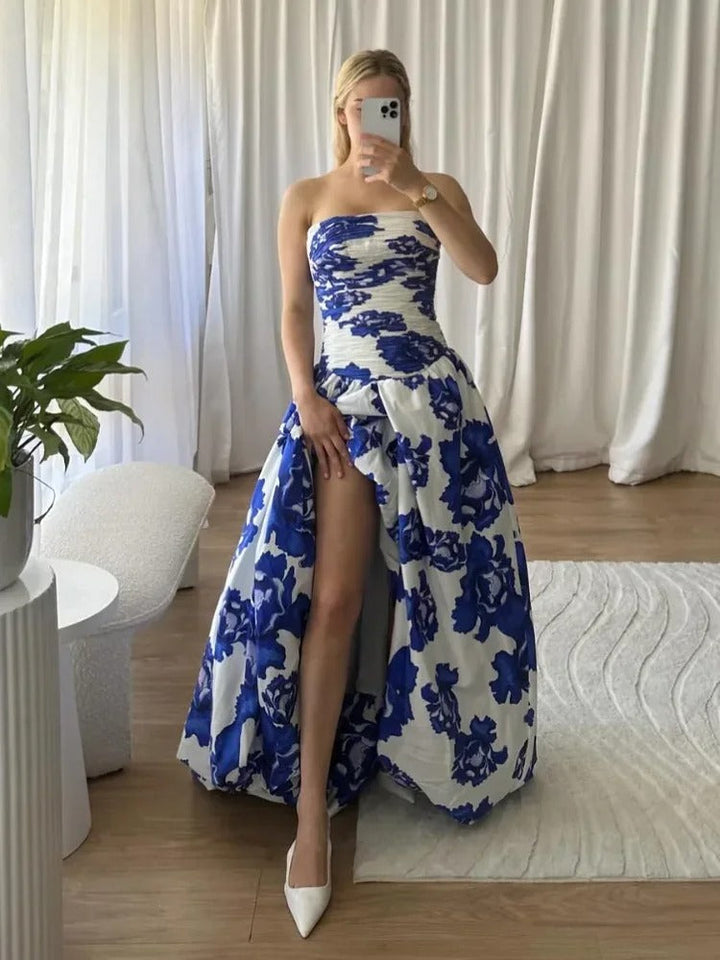 Women's Strapless Wedding Guest Dress with Slit | Maxi
