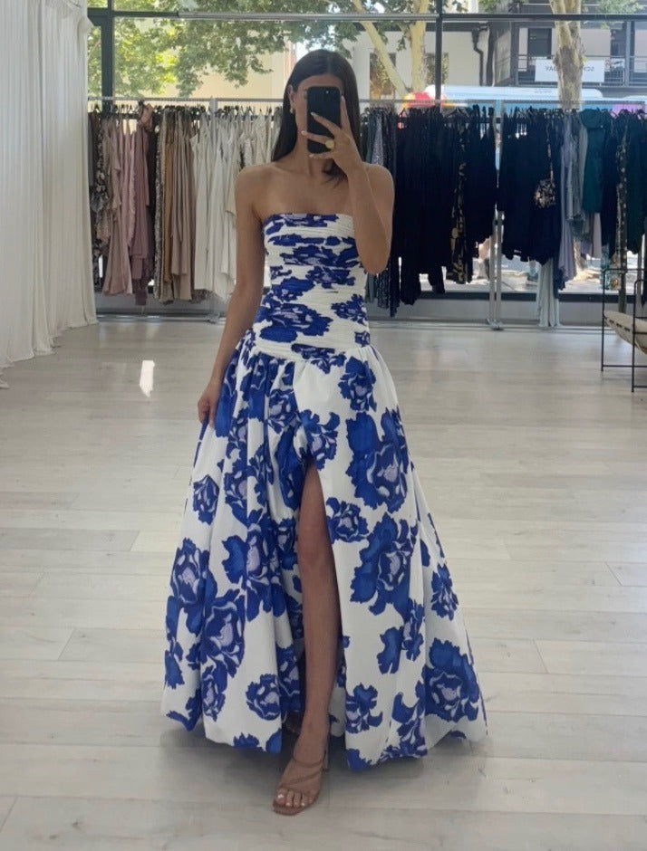 Women's Strapless Wedding Guest Dress with Slit | Maxi