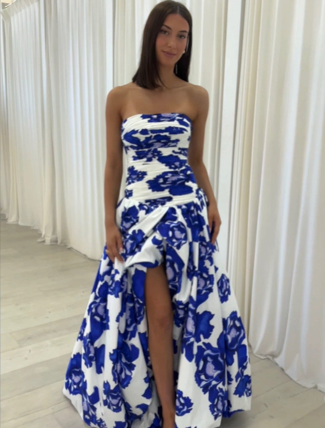 Women's Strapless Wedding Guest Dress with Slit | Maxi