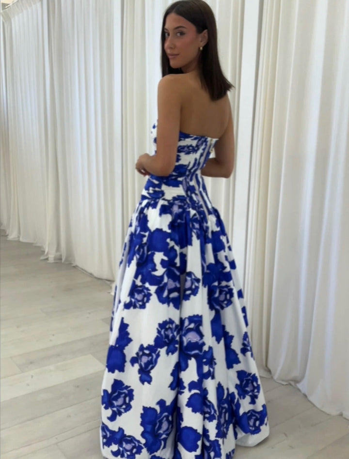 Women's Strapless Wedding Guest Dress with Slit | Maxi