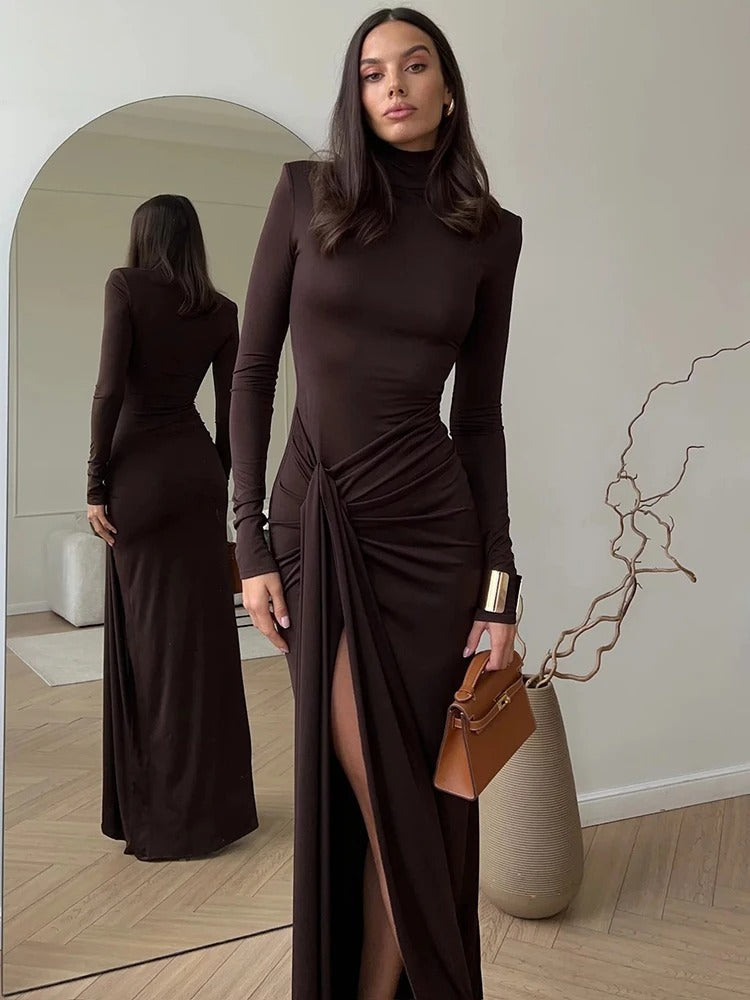 Women's Ruched Wedding Guest Dress with Long Sleeves | Maxi
