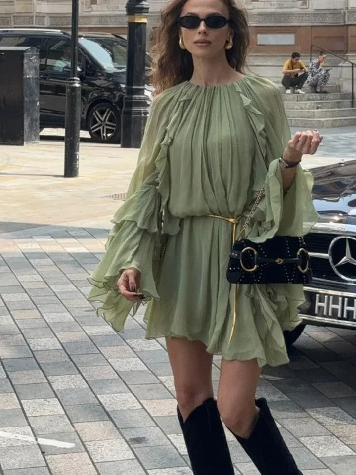 Women's Long Sleeved Ethereal Summer Dress with Round Neck | Mini