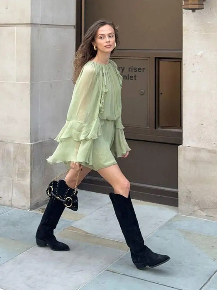Women's Long Sleeved Ethereal Summer Dress with Round Neck | Mini