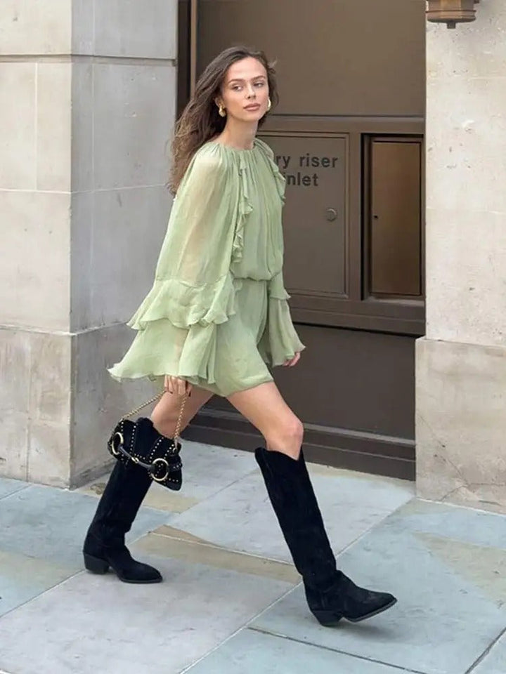 Women's Long Sleeved Ethereal Summer Dress with Round Neck | Mini
