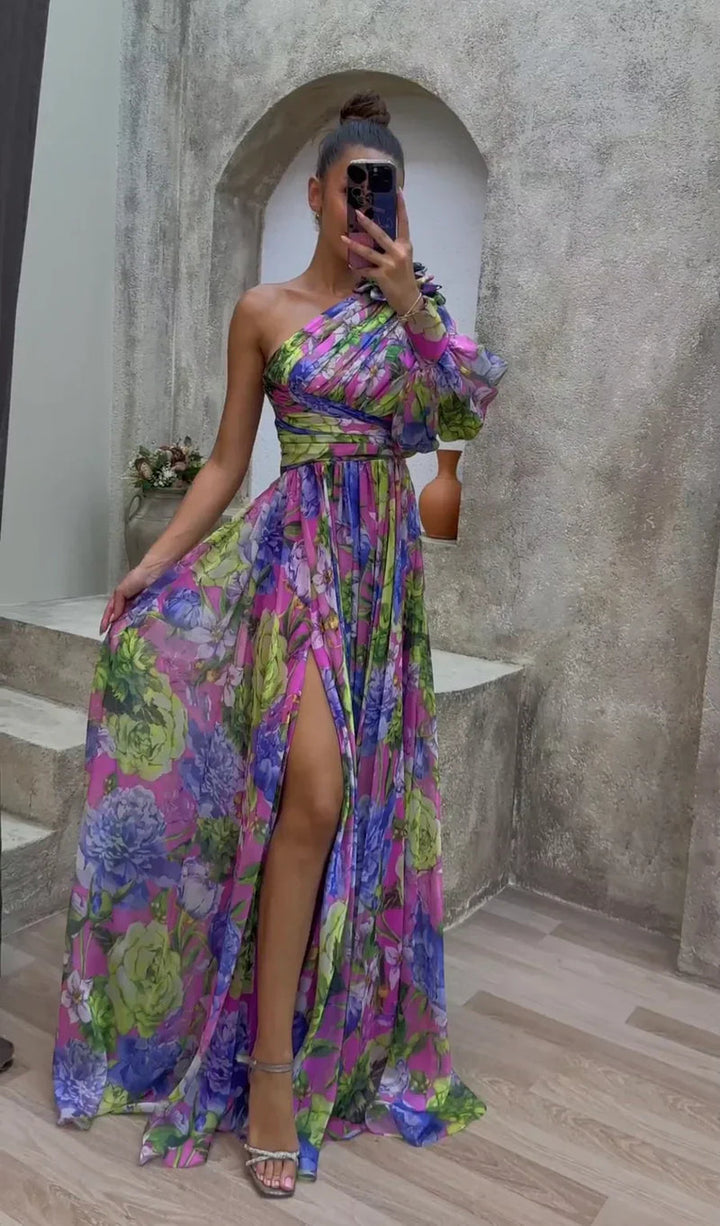 Women's One-shoulder Wedding Guest Dress with Floral Print | Maxi