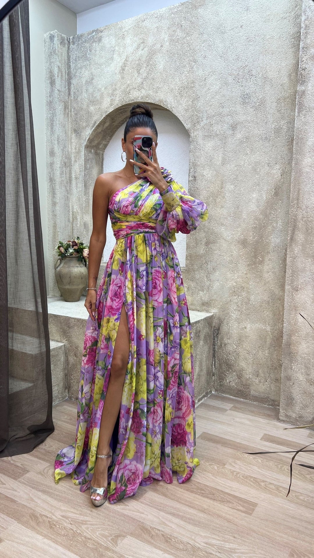 Women's One-shoulder Wedding Guest Dress with Floral Print | Maxi