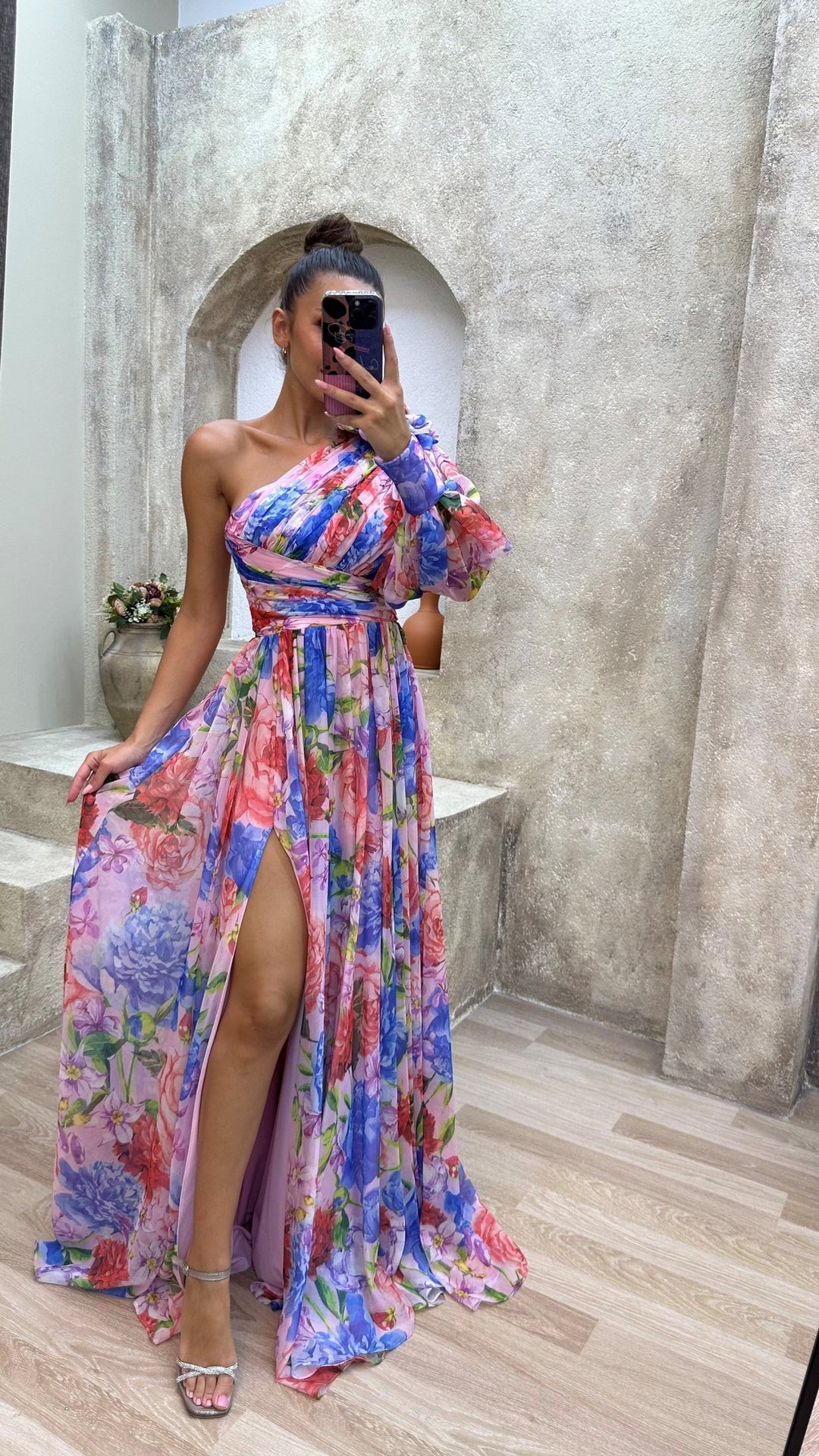 Women's One-shoulder Wedding Guest Dress with Floral Print | Maxi