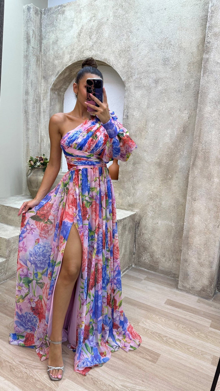 Women's One-shoulder Wedding Guest Dress with Floral Print | Maxi