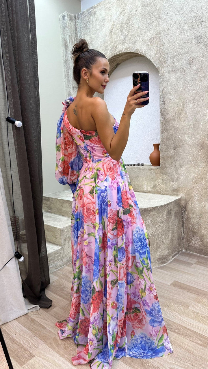 Women's One-shoulder Wedding Guest Dress with Floral Print | Maxi