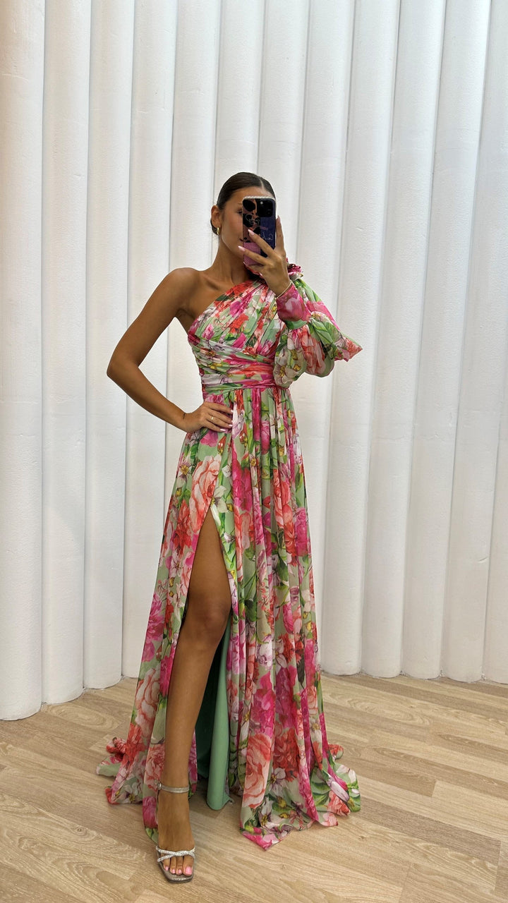 Women's One-shoulder Wedding Guest Dress with Floral Print | Maxi