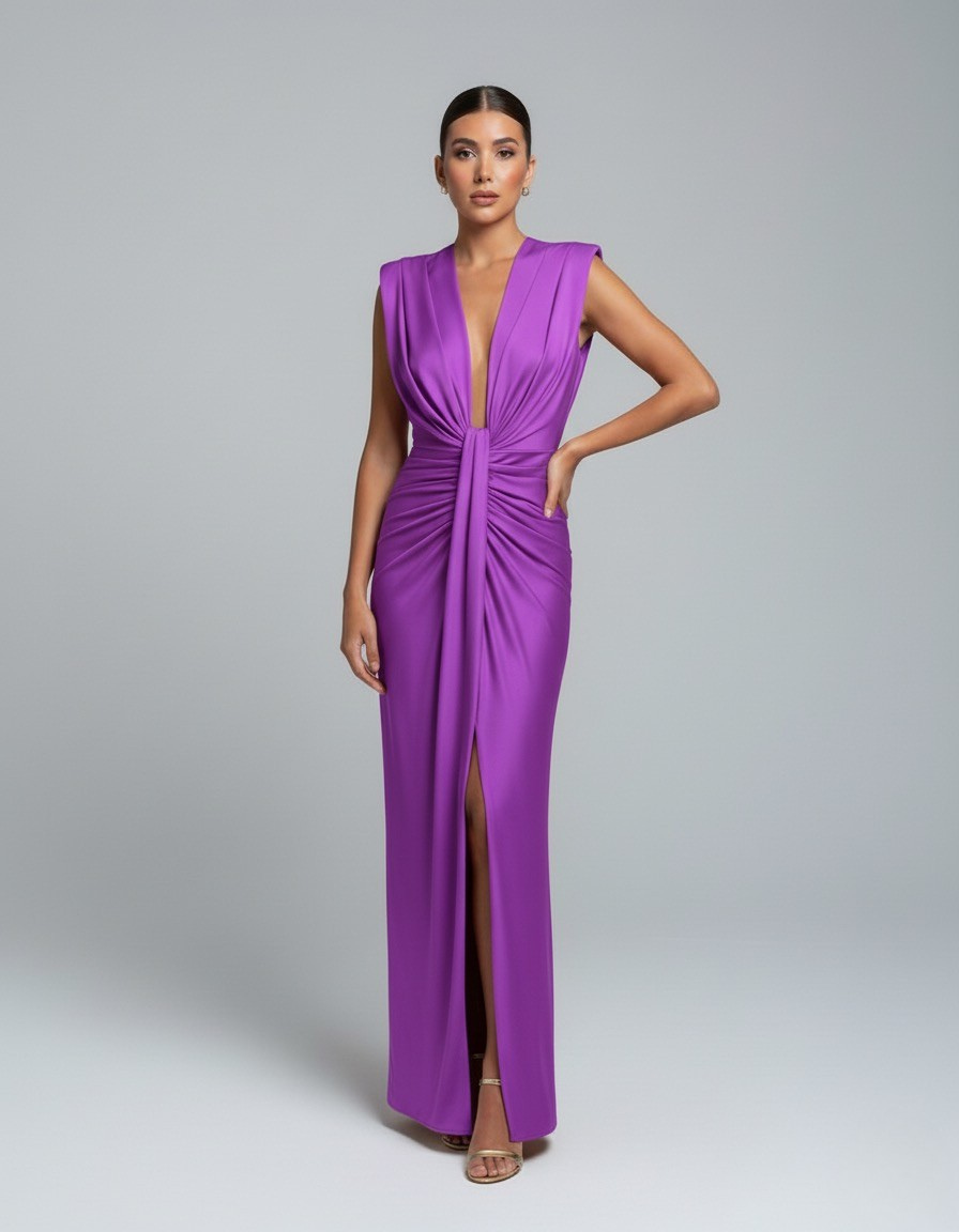 Women's Sleeveless Wedding Guest Dress with Plunging Neckline | Maxi