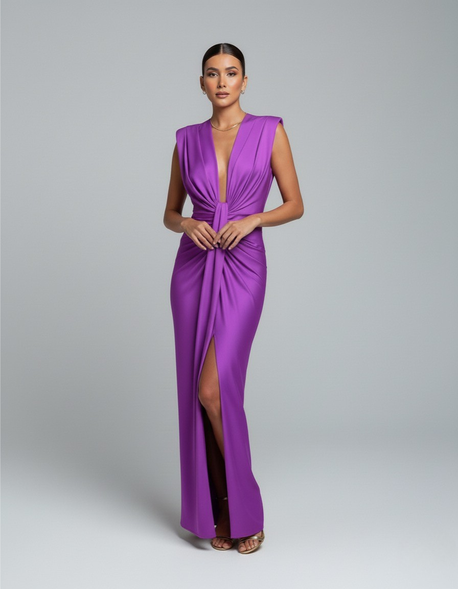 Women's Sleeveless Wedding Guest Dress with Plunging Neckline | Maxi