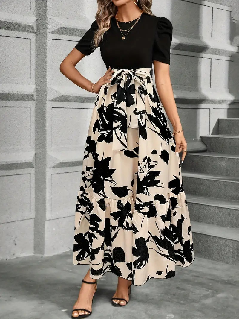 Women's Short Sleeve Round Neck Evening Dress with Bow Tie Waist | Maxi