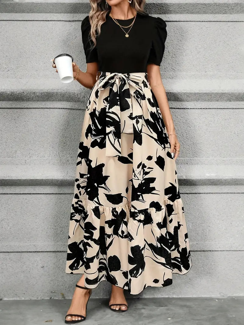 Women's Short Sleeve Round Neck Evening Dress with Bow Tie Waist | Maxi