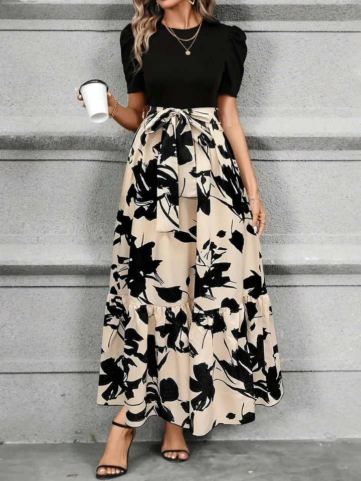 Women's Short Sleeve Round Neck Evening Dress with Bow Tie Waist | Maxi