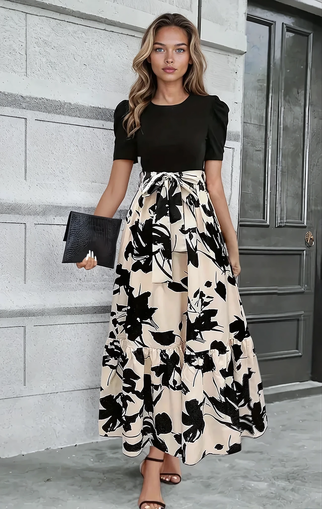 Women's Short Sleeve Round Neck Evening Dress with Bow Tie Waist | Maxi
