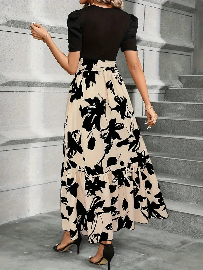 Women's Short Sleeve Round Neck Evening Dress with Bow Tie Waist | Maxi
