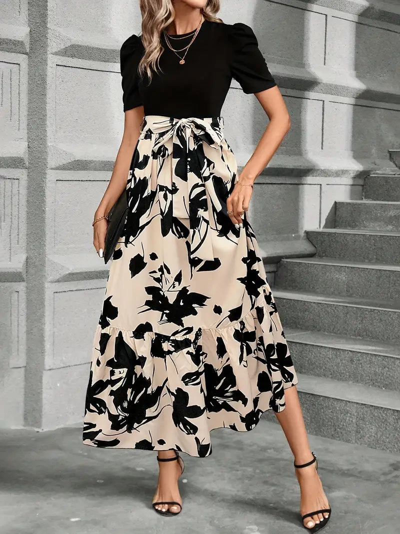 Women's Short Sleeve Round Neck Evening Dress with Bow Tie Waist | Maxi
