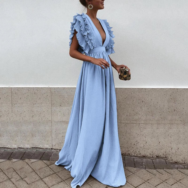 Women's Short Sleeve Wedding Guest Dress with Plunging Neckline | Maxi
