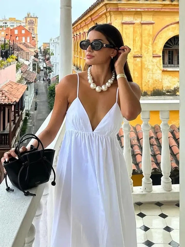 Women's Sleeveless Low Back Summer Dress with V-neck | Maxi